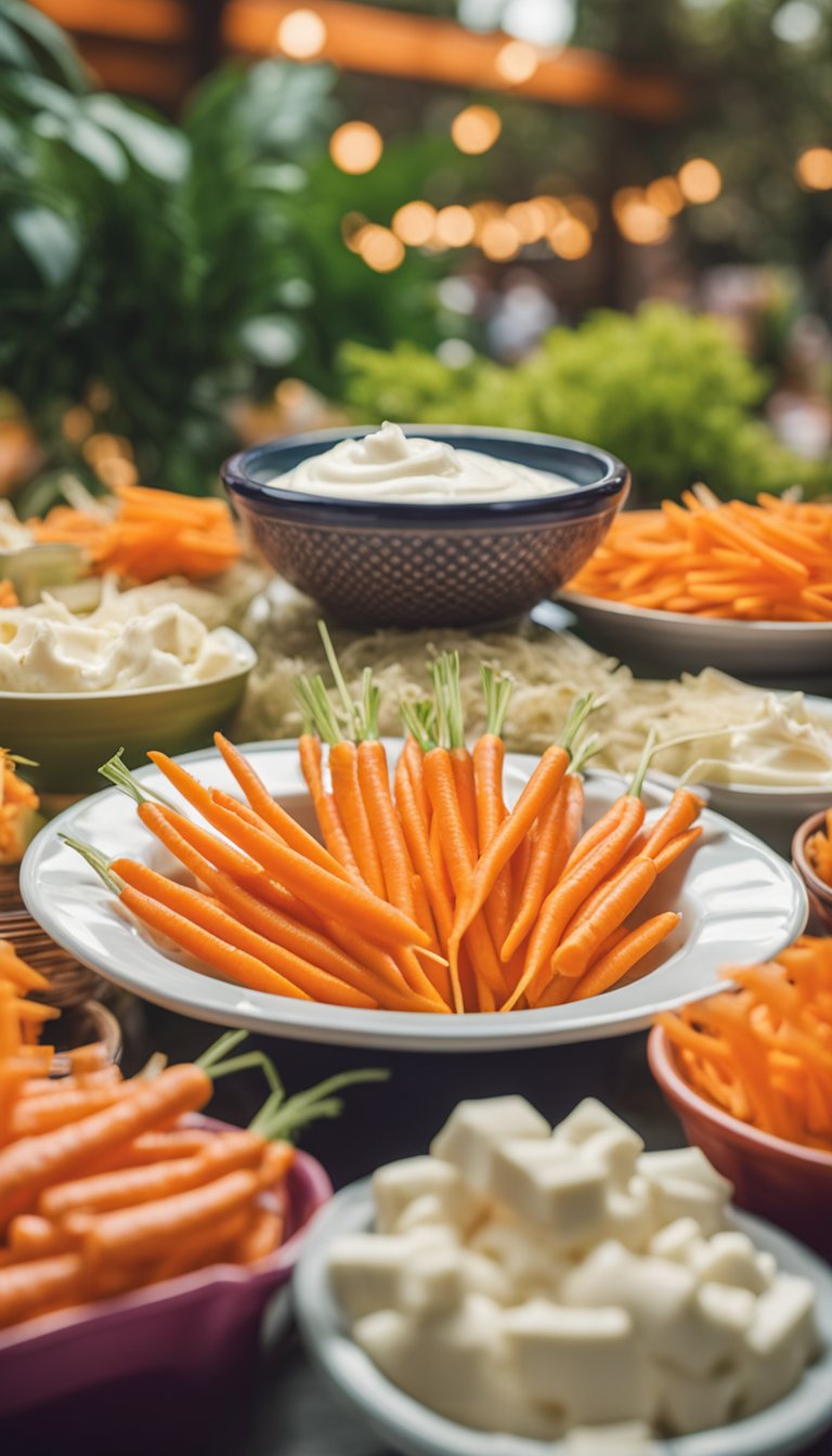 A plate of carrot sticks arranged around a small bowl of cream cheese, set against a backdrop of a colorful zoo concession stand