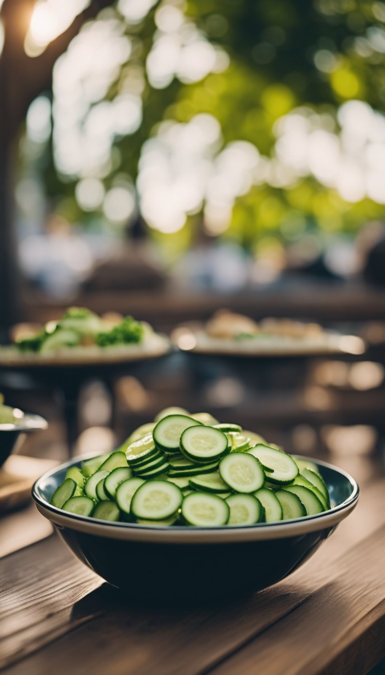 A plate of cucumber slices arranged around a bowl of guacamole, set on a wooden table at a zoo concession stand