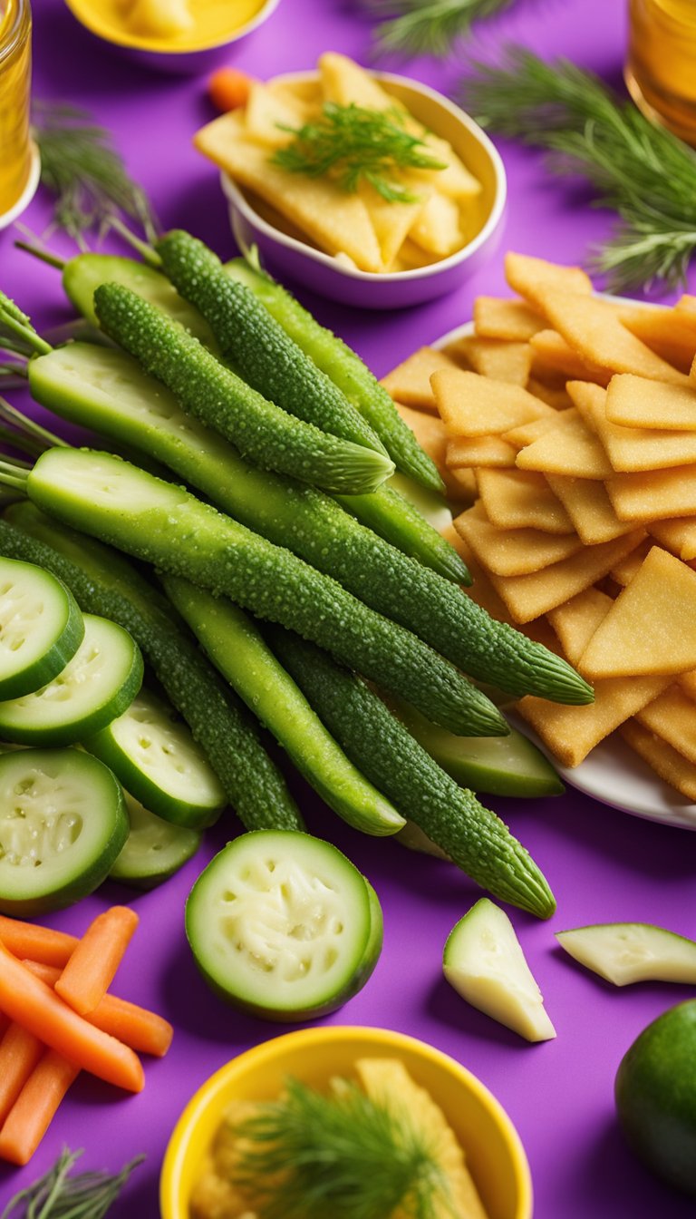 A colorful array of dill pickle spears and keto-friendly concession alternatives displayed on a vibrant zoo-themed backdrop