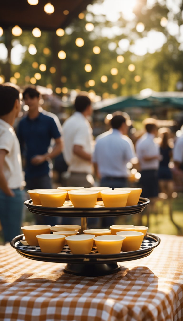 A tray of golden-brown egg and cheese cups sits on a checkered tablecloth at a bustling zoo concession stand