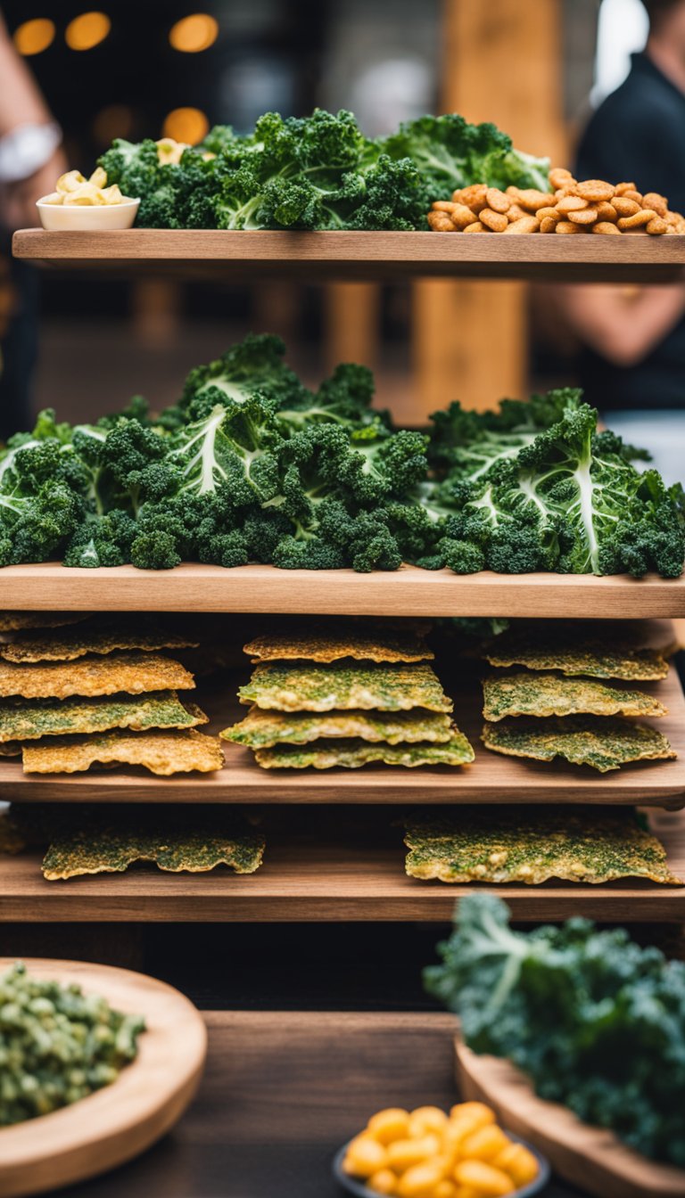 A colorful display of crispy kale chips arranged on a wooden serving board, surrounded by various keto-friendly snack options at a zoo concession stand