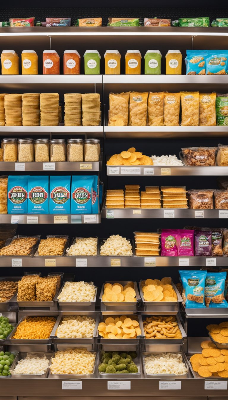 A colorful zoo concession stand displays 18 parmesan crisps, surrounded by keto-friendly snacks and drinks