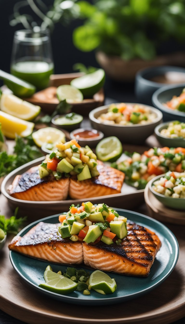 A platter of grilled salmon topped with vibrant avocado salsa, surrounded by a variety of keto-friendly dishes, set against the backdrop of an aquarium cafe