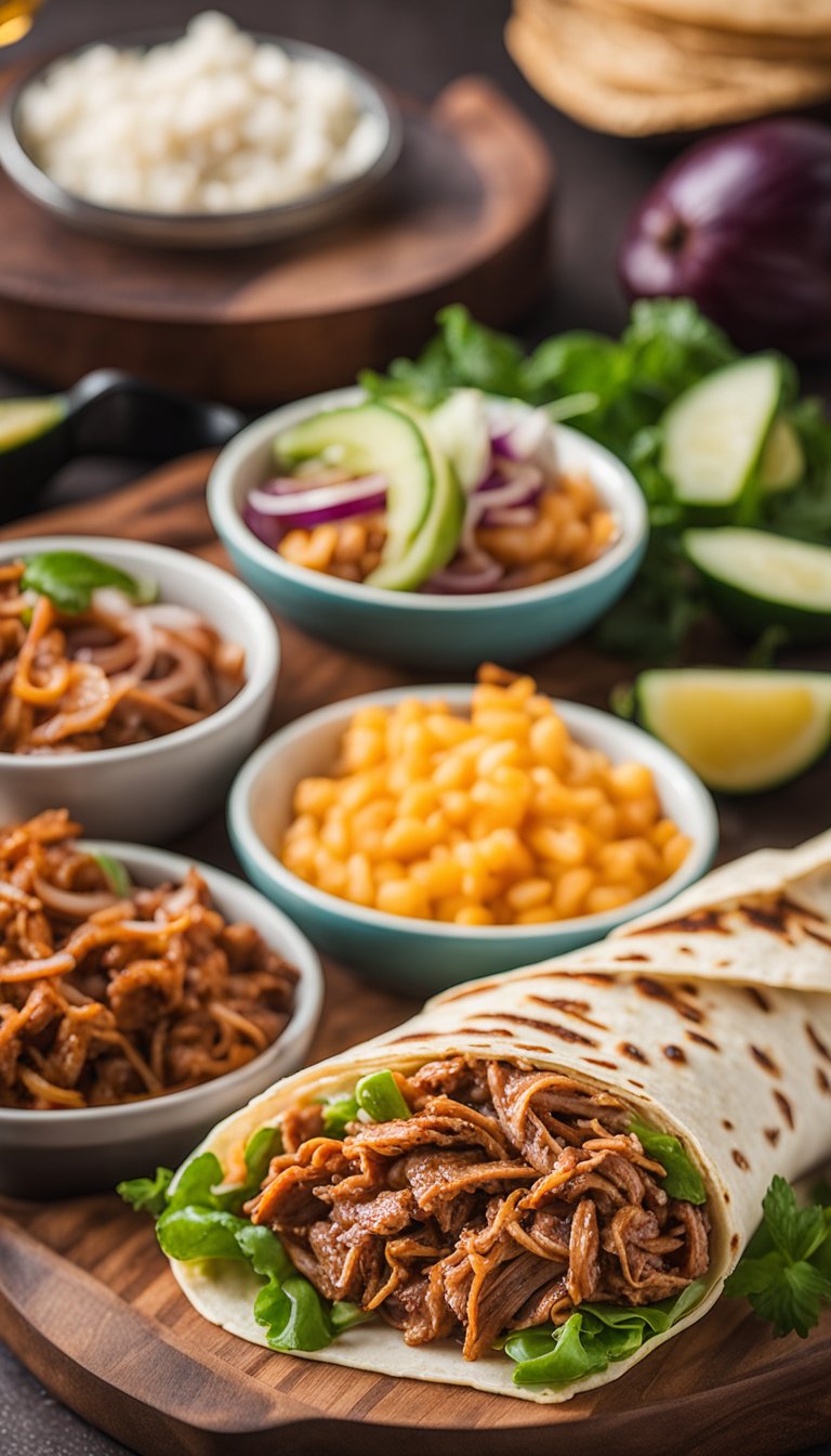 A colorful plate with a keto BBQ pulled pork wrap surrounded by 25 keto cafe choices