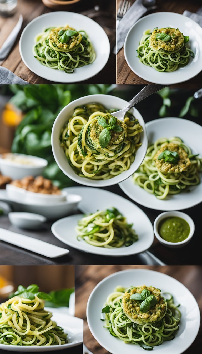 A plate of zucchini noodles topped with pesto, surrounded by a variety of keto-friendly dishes, displayed at an aquarium cafe