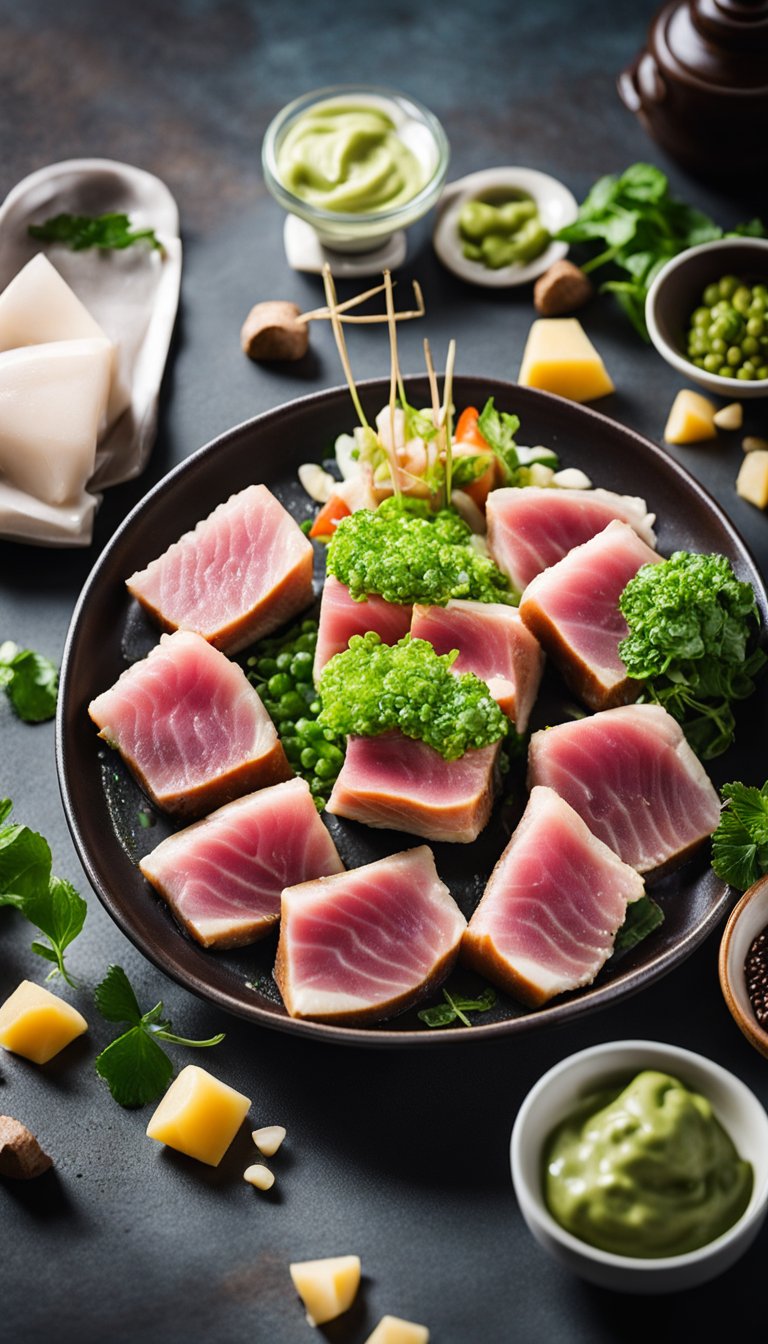 A plate of seared tuna with wasabi mayo surrounded by 25 keto aquarium cafe choices