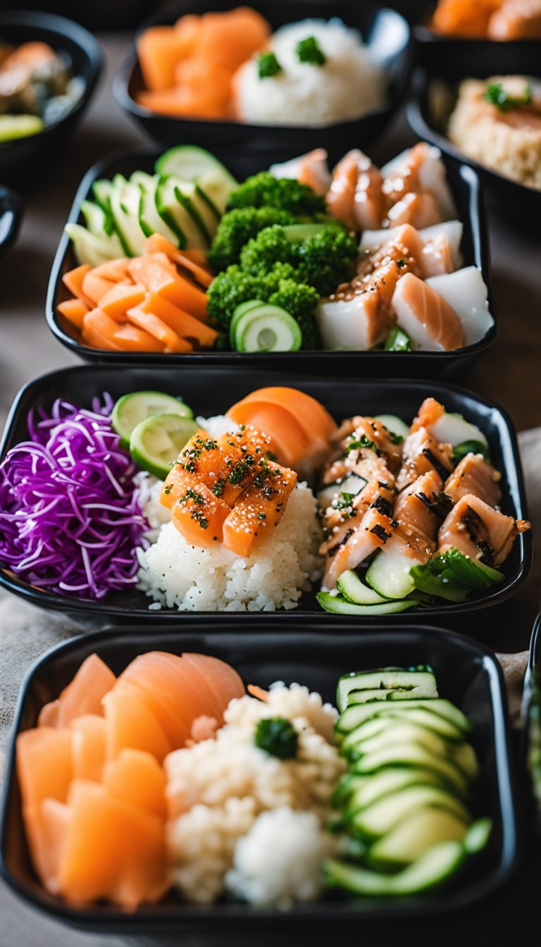 A colorful array of cauliflower rice sushi bowls, surrounded by vibrant keto-friendly options, displayed at the Aquarium Cafe