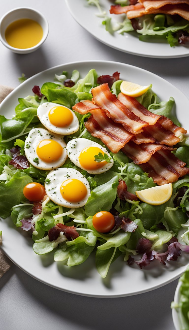 A plate of crispy bacon and eggs sits atop a bed of fresh salad greens, surrounded by a variety of keto-friendly ingredients at the Aquarium Cafe