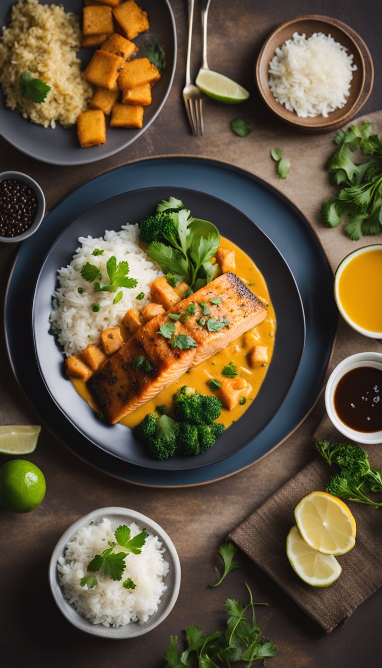 A plate of coconut curry salmon with keto sides on a table in an aquarium-themed cafe