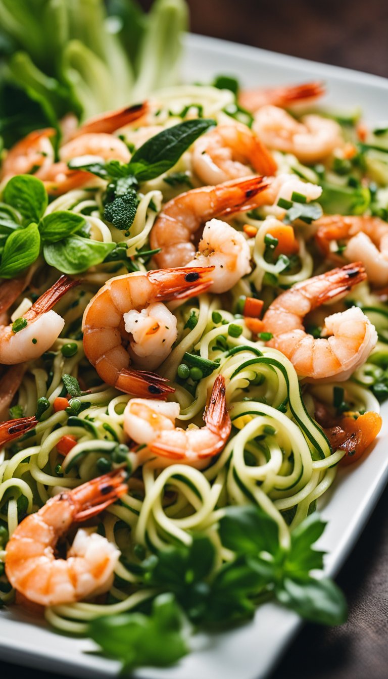 A plate of spicy shrimp and zoodles surrounded by vibrant aquatic decor at the Keto Aquarium Cafe