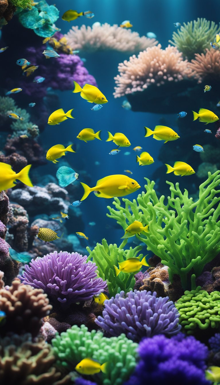 A colorful aquarium scene with a coral reef backdrop, featuring a vibrant mahi mahi swimming among various underwater plants and sea creatures