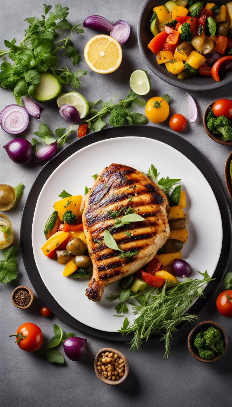 A sizzling chicken breast with grill marks, surrounded by colorful Mediterranean vegetables and herbs, served on a sleek white plate