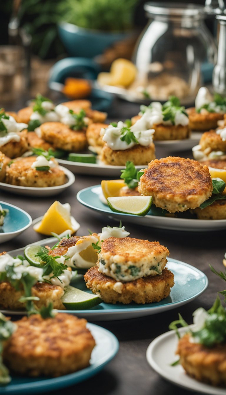 A platter of keto-friendly crab cakes surrounded by various aquarium-themed decor at the Keto Aquarium Cafe