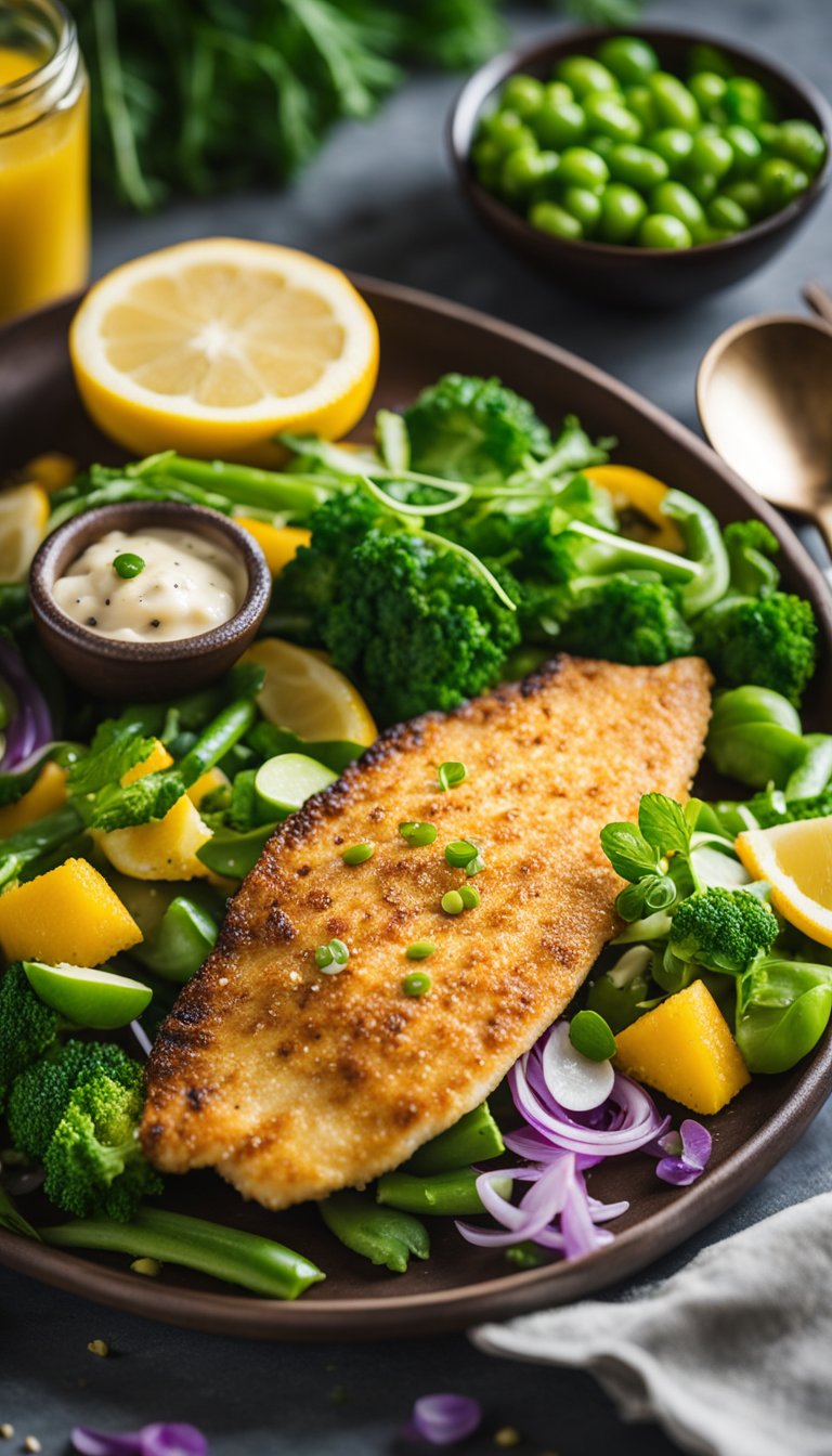 A golden-brown tilapia fillet covered in a crispy parmesan crust, surrounded by vibrant green vegetables and a colorful array of keto-friendly ingredients