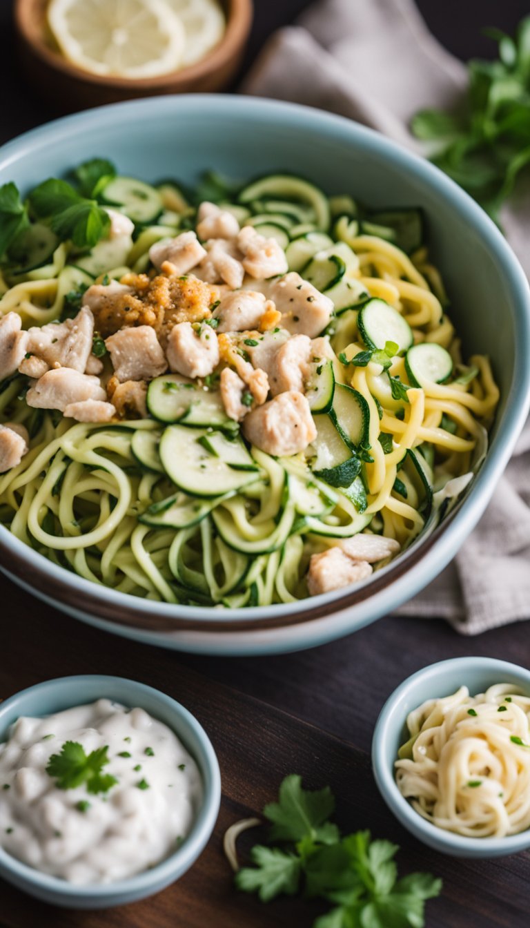 A colorful bowl filled with zucchini noodles, creamy chicken alfredo, and assorted keto-friendly toppings sits on a table at the Aquarium Cafe