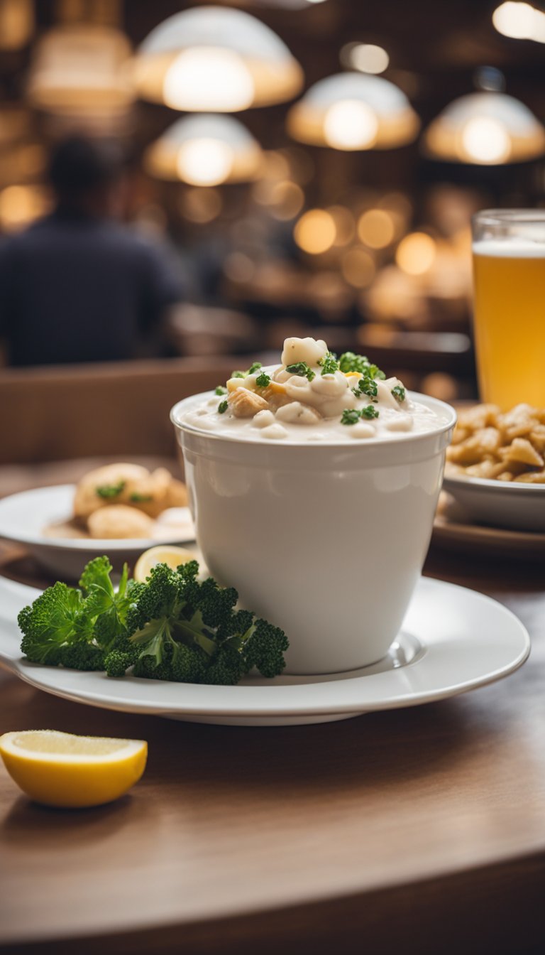 A cozy cafe with a large aquarium as a centerpiece. A bowl of Keto Clam Chowder sits on a table surrounded by other keto-friendly menu items