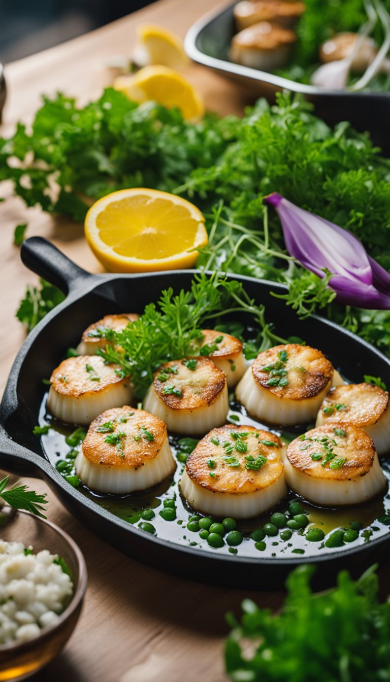 A sizzling skillet of garlic butter scallops surrounded by vibrant greenery in a modern aquarium cafe setting