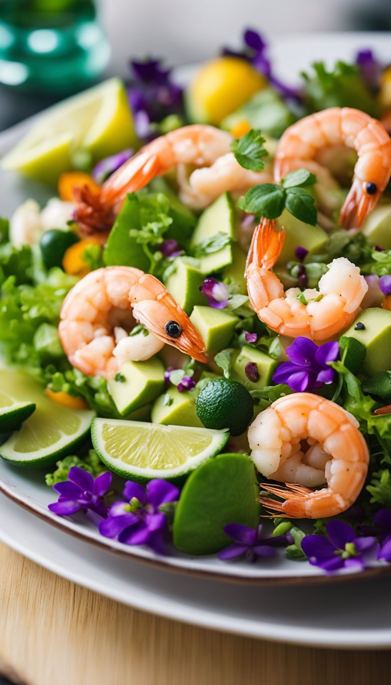 A vibrant plate of avocado lime shrimp salad surrounded by colorful aquatic decor at the Keto Aquarium Cafe