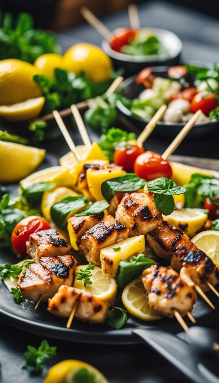 A colorful array of lemon chicken skewers surrounded by vibrant keto-friendly ingredients at the bustling Aquarium Cafe