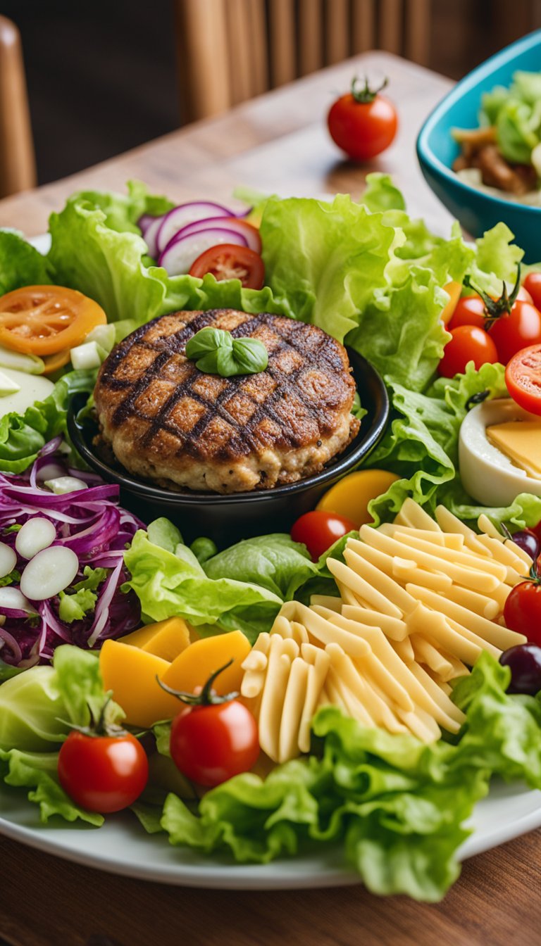 A colorful salad bowl filled with lettuce, cherry tomatoes, cheese, and juicy burger patties, surrounded by an array of keto-friendly ingredients at the Aquarium Cafe