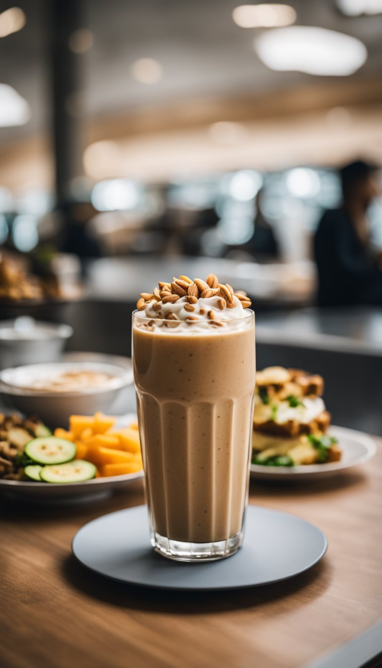 A glass of spiced almond butter smoothie surrounded by 12 keto-friendly dishes in a museum cafeteria