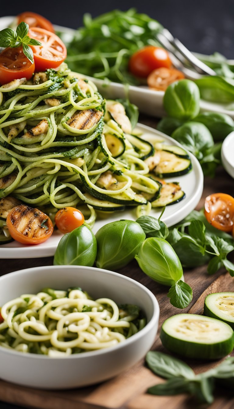 A plate of zucchini noodles topped with pesto and grilled chicken, surrounded by other keto-friendly museum cafeteria options