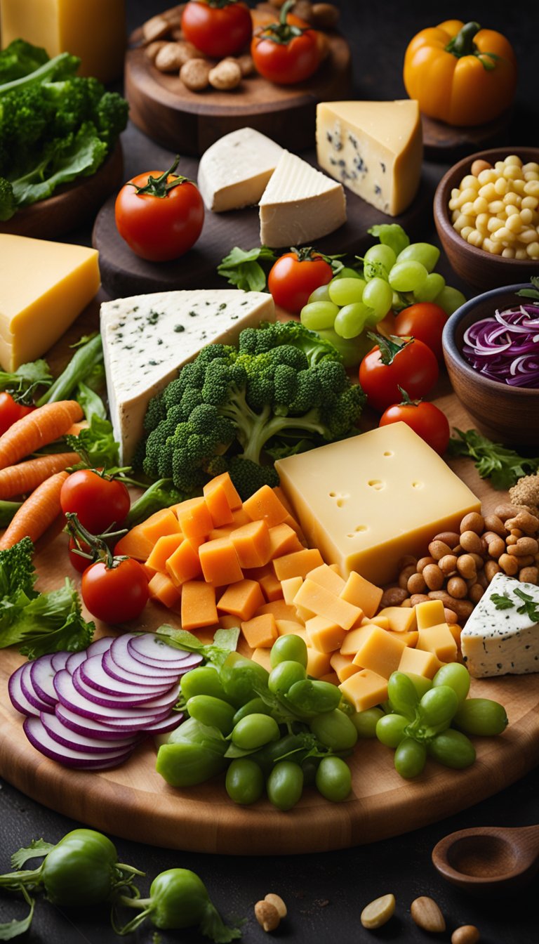 A wooden platter with an assortment of colorful vegetables and various types of cheese arranged in a visually appealing manner