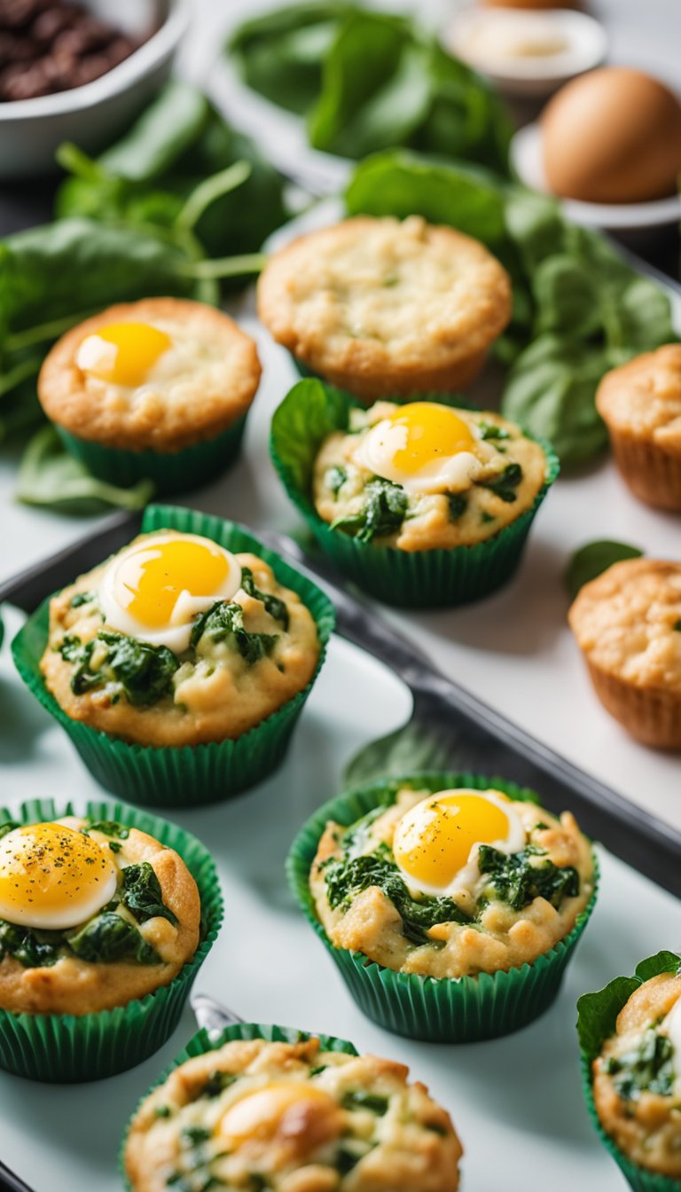 A platter of golden egg and spinach muffins displayed on a sleek, modern cafeteria counter, surrounded by 11 other keto-friendly options