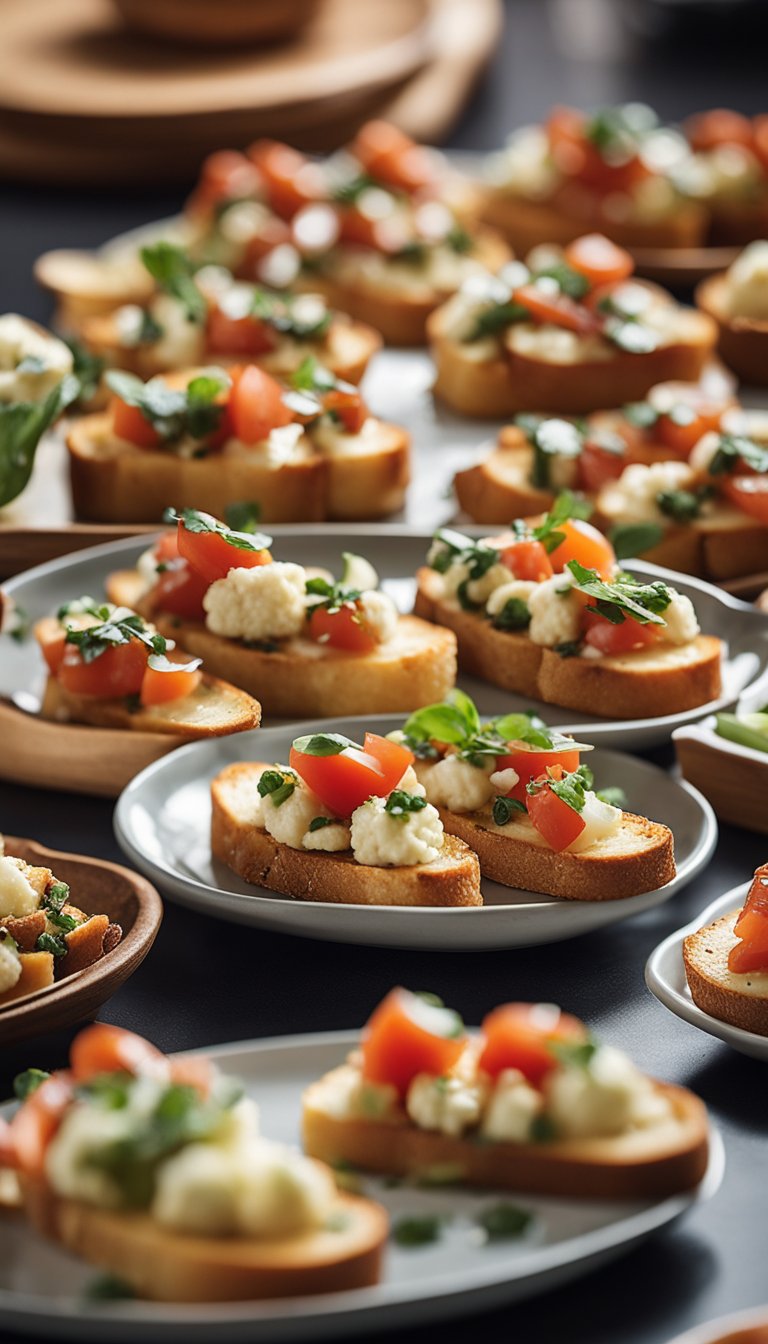 A platter of keto bruschetta with cauliflower bread displayed in a museum cafeteria alongside 11 other low-carb options