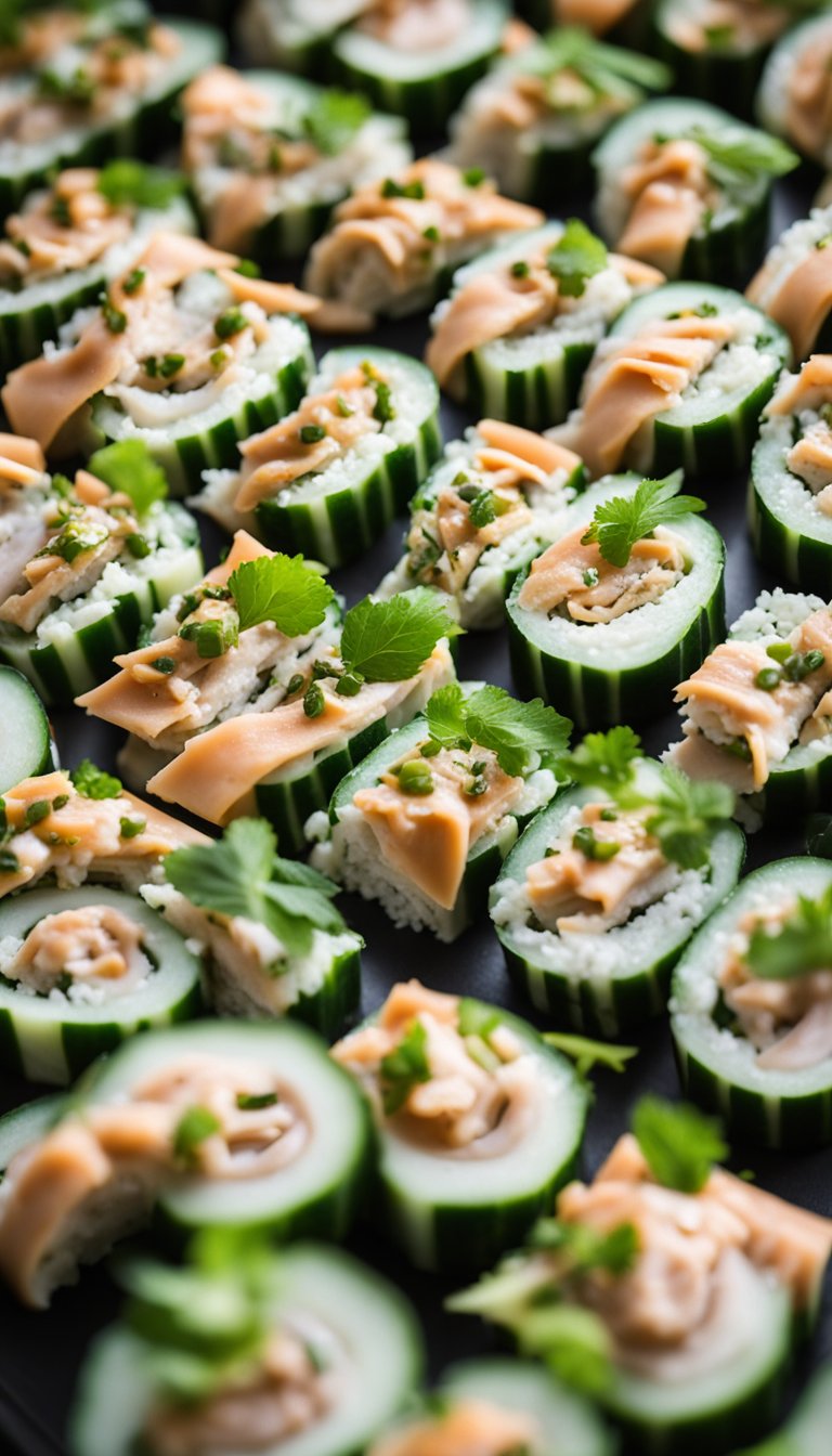 A platter of sliced herbed turkey and cucumber roll-ups arranged in a neat display, surrounded by other keto-friendly cafeteria options