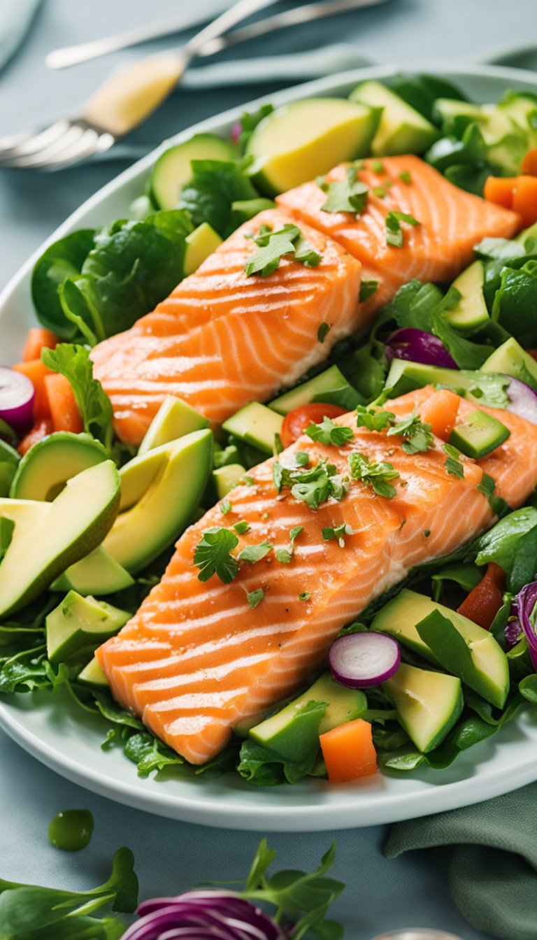 A colorful plate with a bed of greens topped with slices of salmon and avocado, surrounded by vibrant vegetables and drizzled with a light dressing