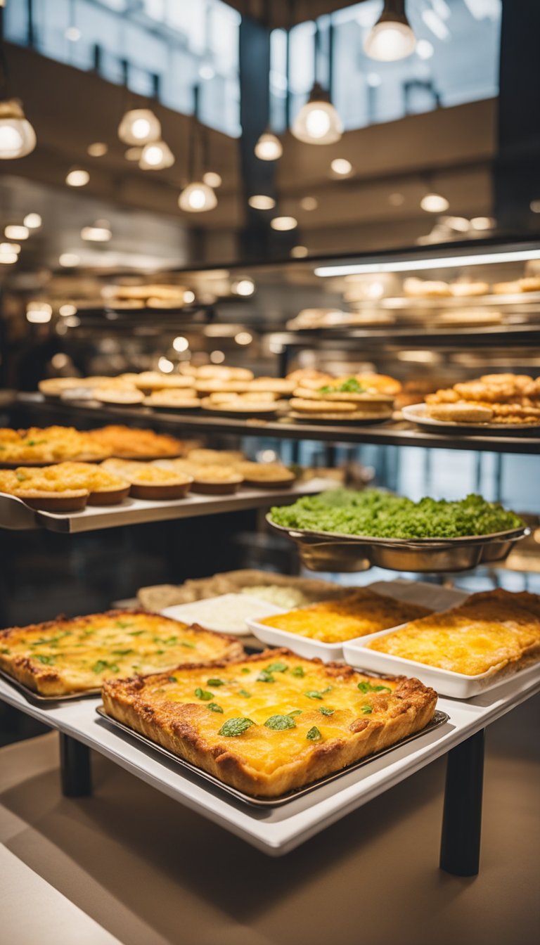 A colorful display of 12 keto museum cafeteria options, including a cauliflower-crusted quiche Lorraine