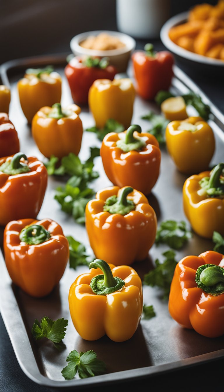 Buffalo chicken stuffed bell peppers displayed on a cafeteria tray with 11 other keto options