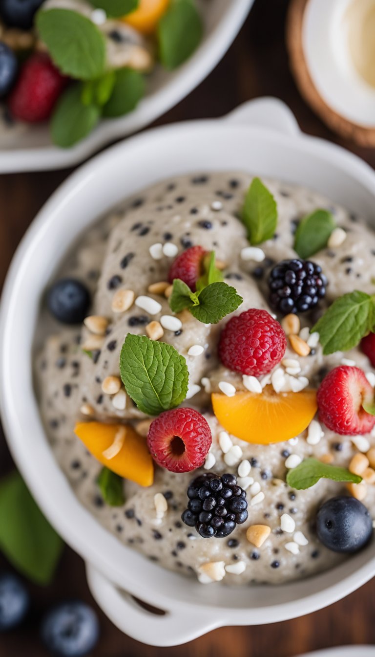 A tray of coconut milk chia seed pudding surrounded by 12 keto-friendly options in a museum cafeteria