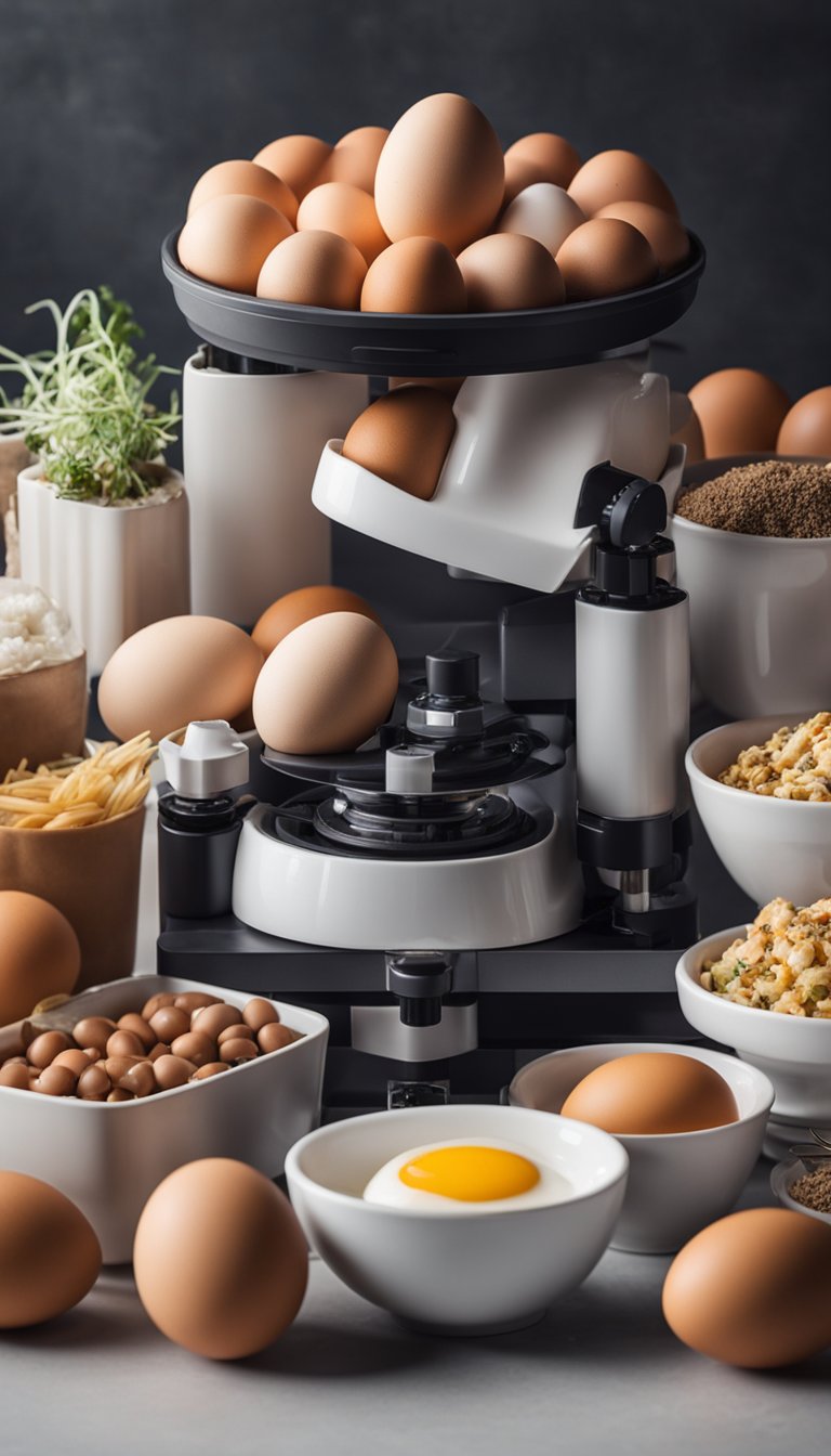 A carton of eggs surrounded by various keto-friendly foods and scientific equipment at the Keto Science Center