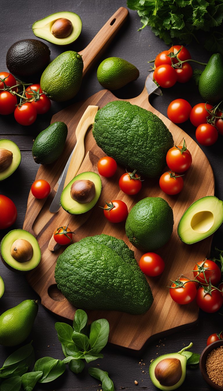 A wooden cutting board with halved avocados, a knife, and various keto-friendly ingredients like leafy greens and cherry tomatoes