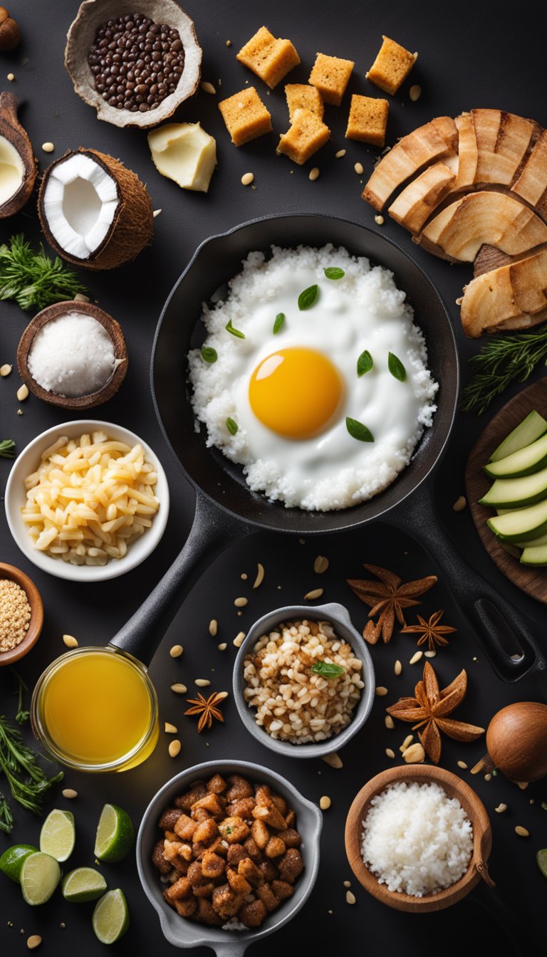 A skillet sizzling with coconut oil, surrounded by a variety of keto-friendly food items on display