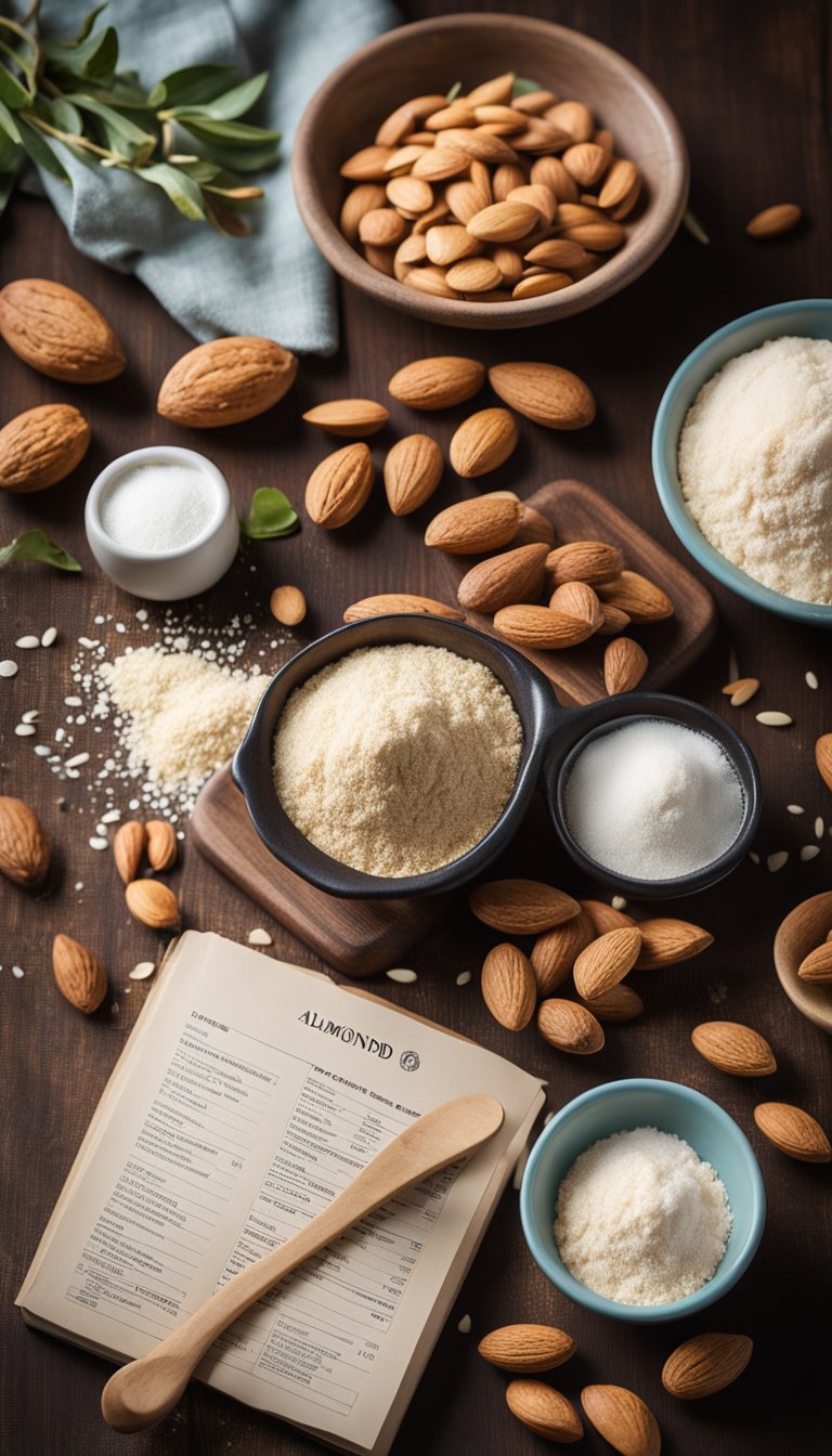 A wooden table with a bag of almond flour, a mixing bowl, measuring spoons, and a recipe book open to a low-carb baking page