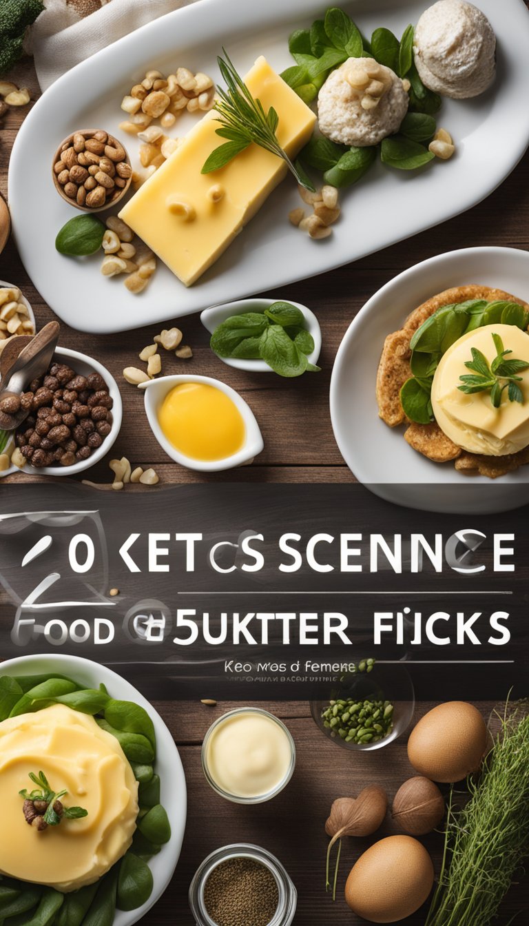 A rustic wooden table with a plate of grass-fed butter, surrounded by various keto-friendly foods and a sign reading "20 Keto Science Center Food Picks."