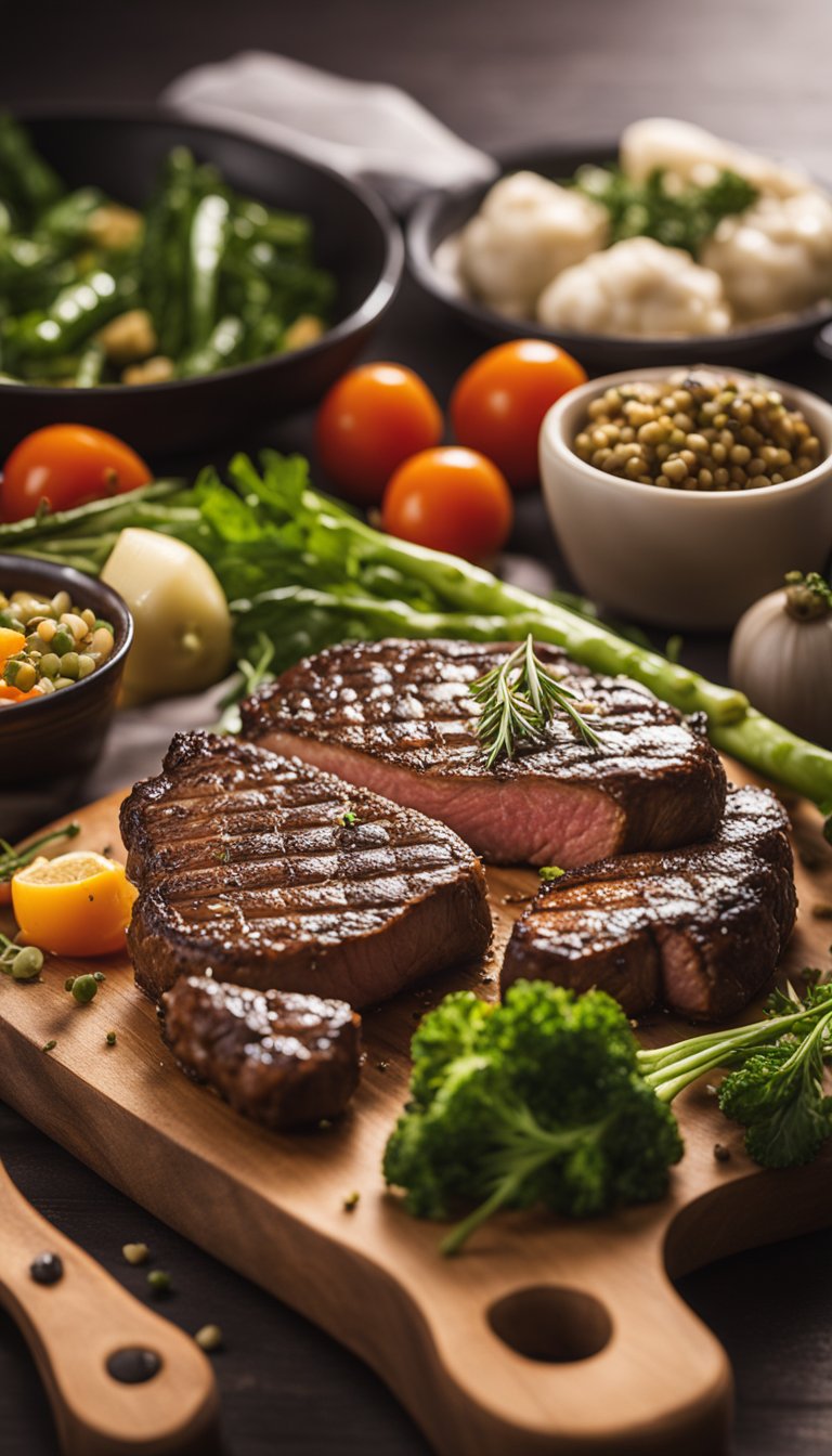 A sizzling ribeye steak sits on a wooden cutting board surrounded by keto-friendly vegetables and herbs, with a scientific laboratory in the background