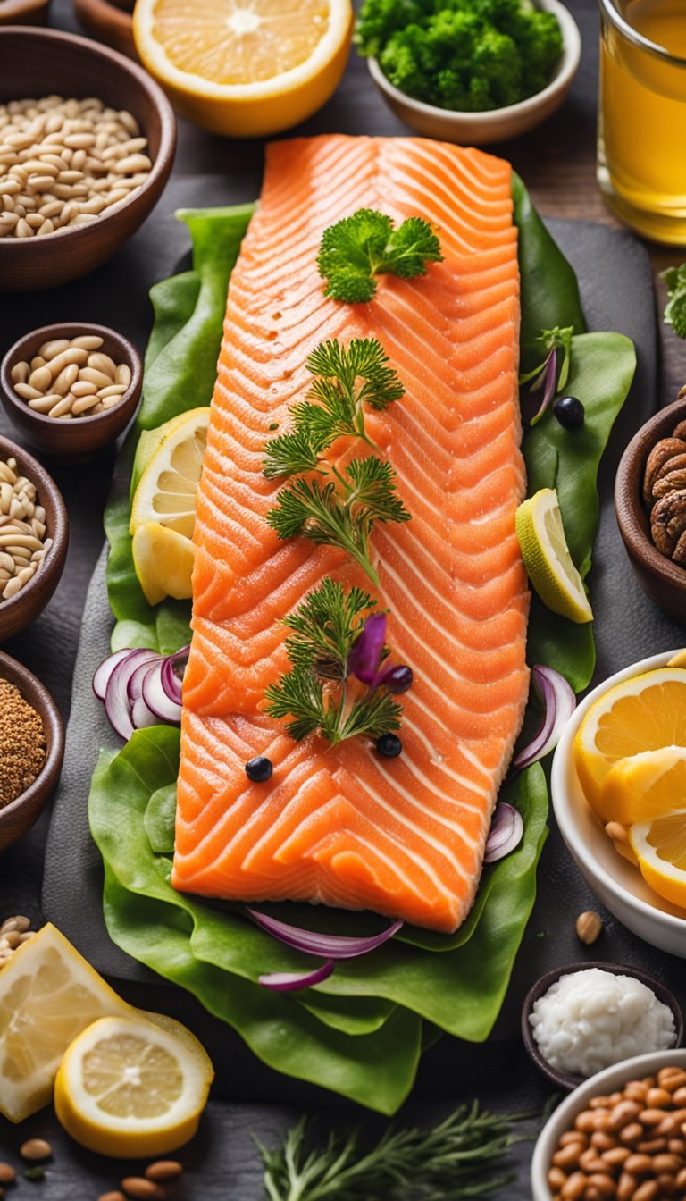 A vibrant salmon fillet surrounded by assorted keto-friendly food items, showcasing the benefits of omega-3s for a healthy diet