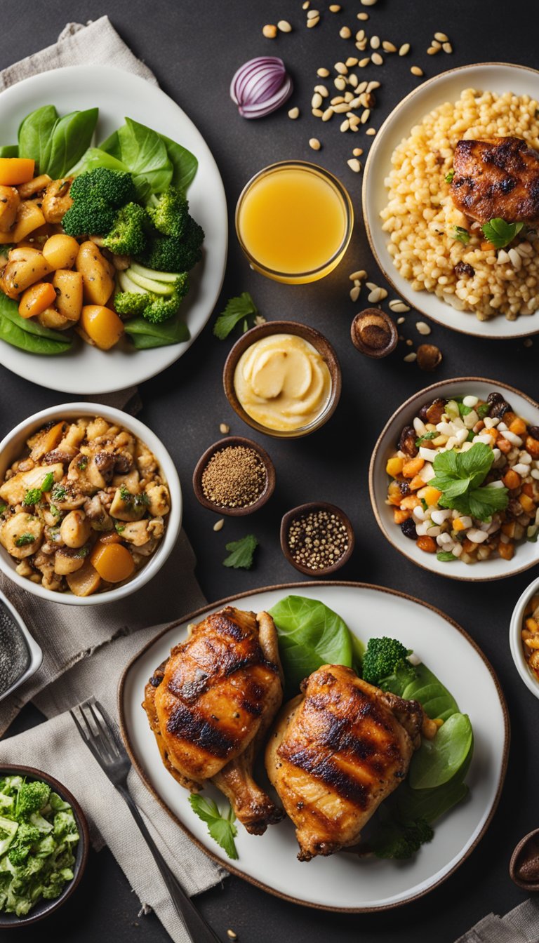 A plate of grilled chicken thighs surrounded by keto-friendly food items