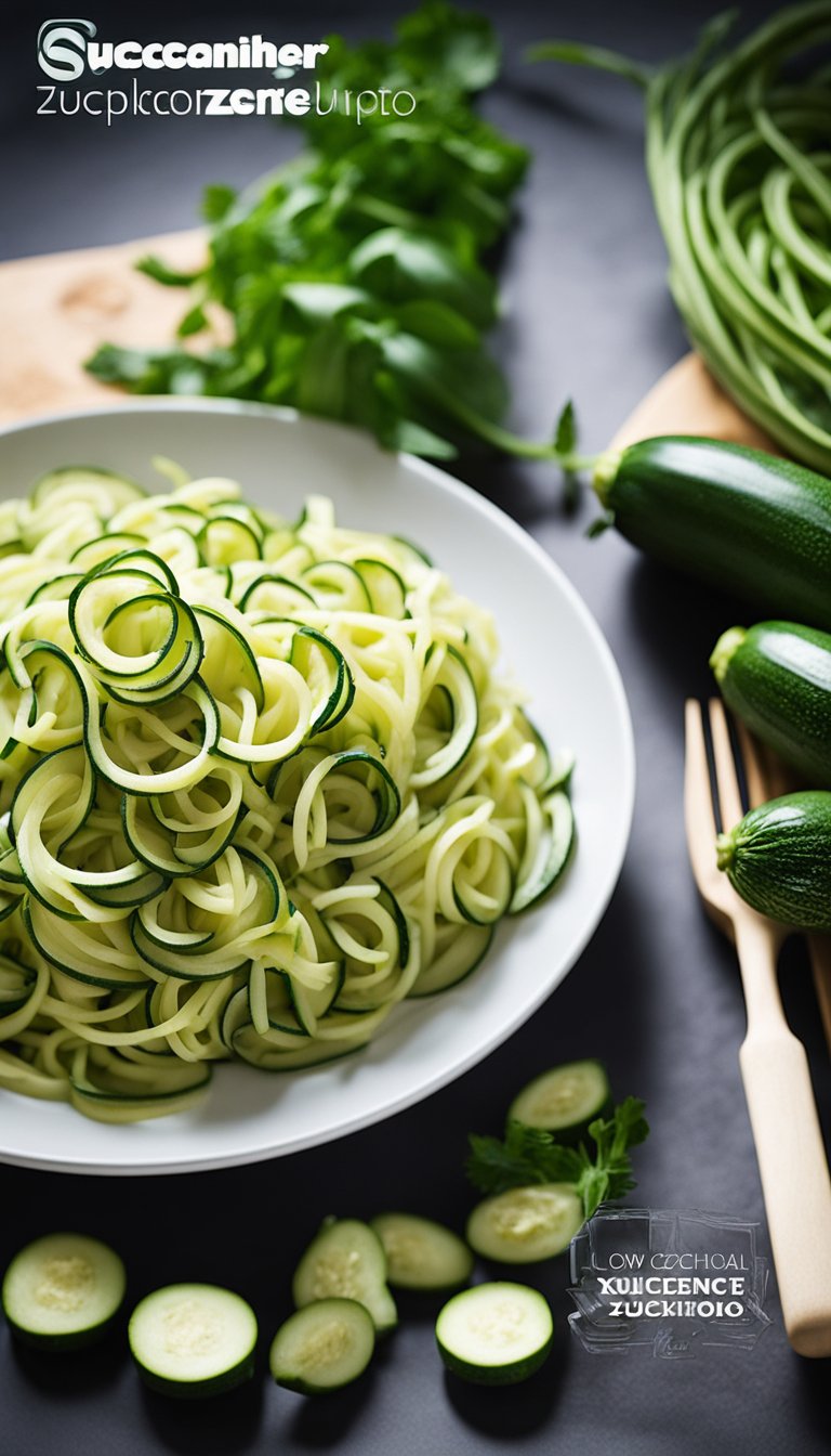 A pile of zucchinis arranged next to a spiralizer, with a plate of low-carb zucchini noodles and a "Keto Science Center" logo in the background