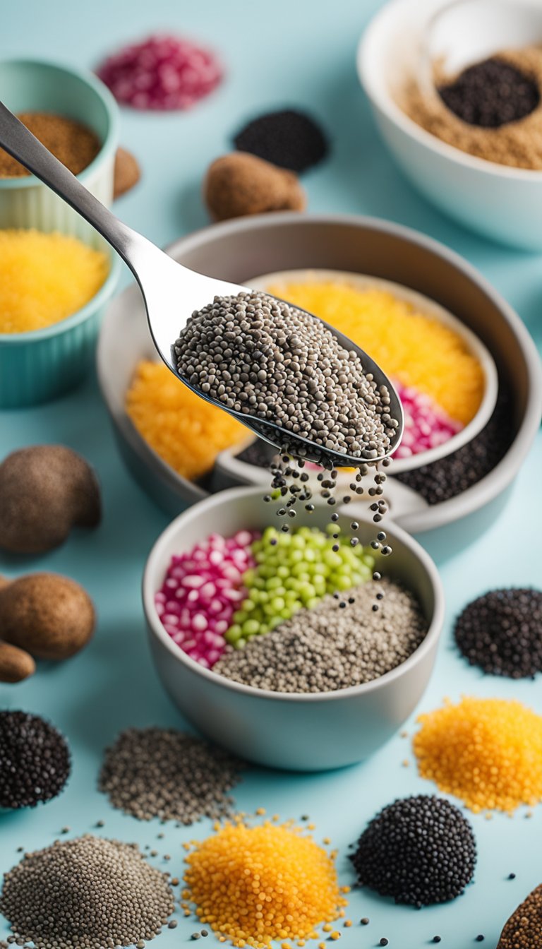 A colorful pile of chia seeds spilling out of a sleek, modern container surrounded by 20 keto-friendly food picks