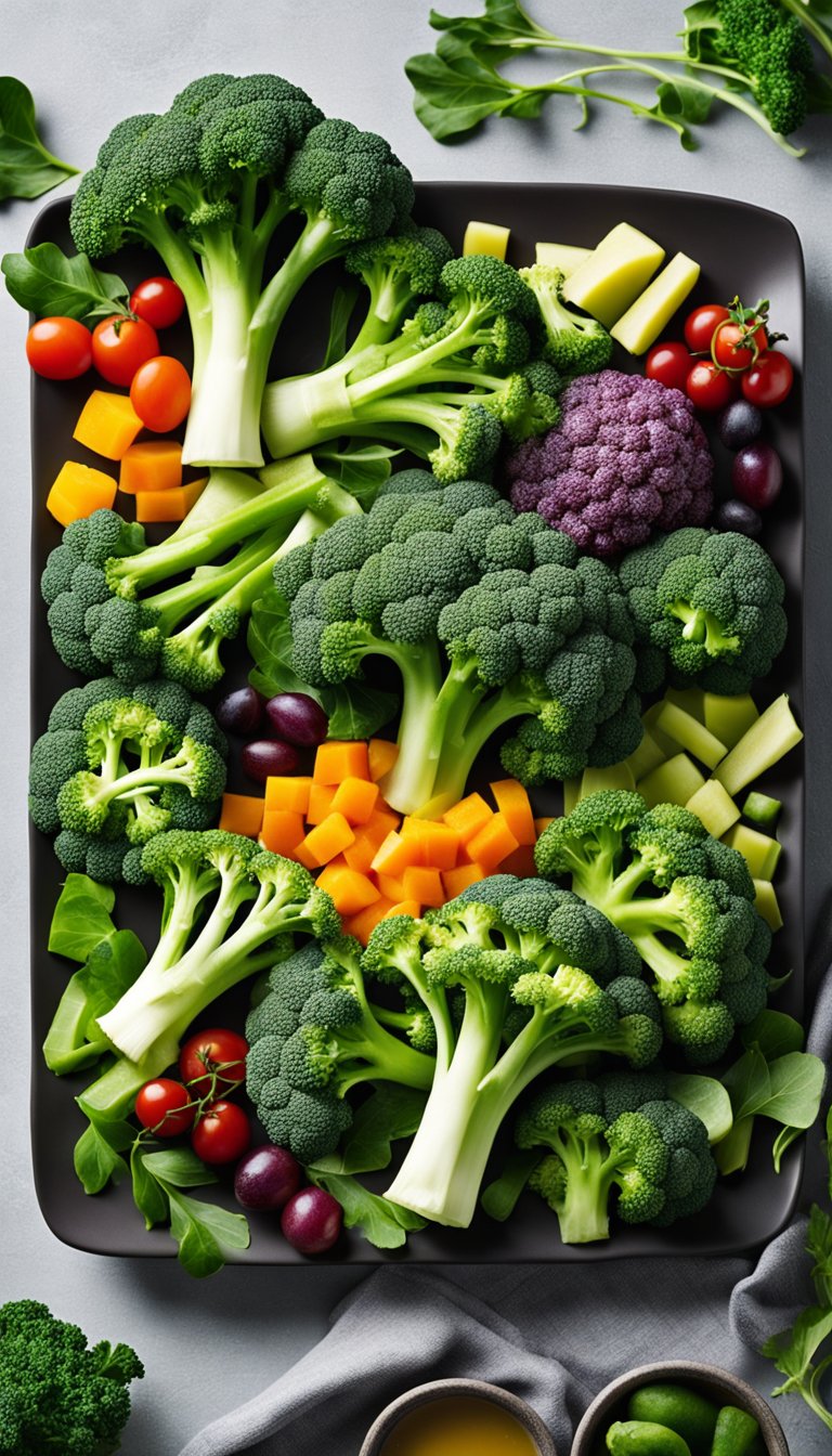 A colorful assortment of broccoli florets and stems arranged on a sleek, modern serving platter, surrounded by vibrant greenery and other keto-friendly foods