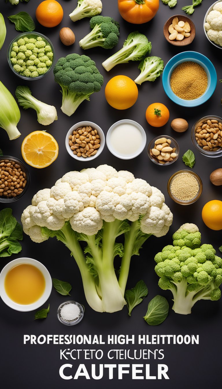 A head of cauliflower surrounded by keto-friendly food items and a science center backdrop