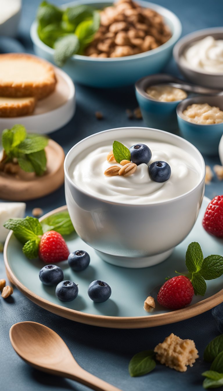 A bowl of Greek yogurt surrounded by various keto-friendly dessert ingredients and a sign reading "20 Keto Science Center Food Picks."