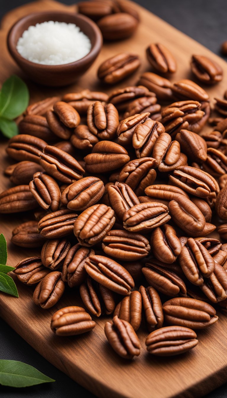 A pile of pecans arranged on a wooden cutting board, surrounded by 20 keto science center food picks