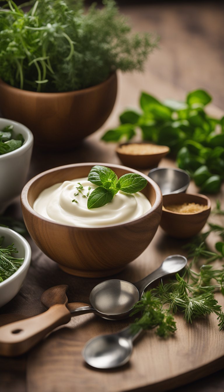 A small bowl of heavy cream sits next to a pile of fresh herbs and a set of measuring spoons on a wooden kitchen counter