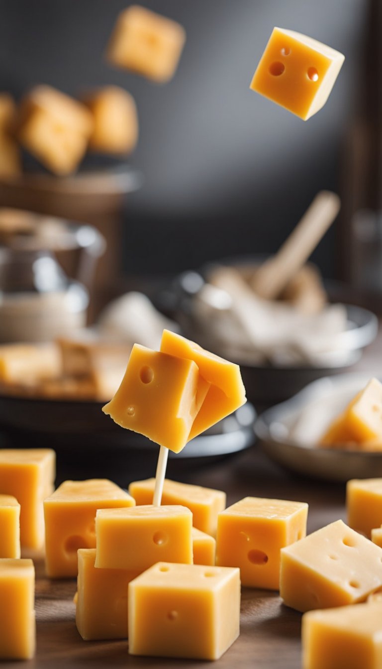 A pile of cheddar cheese cubes surrounded by 20 keto food picks